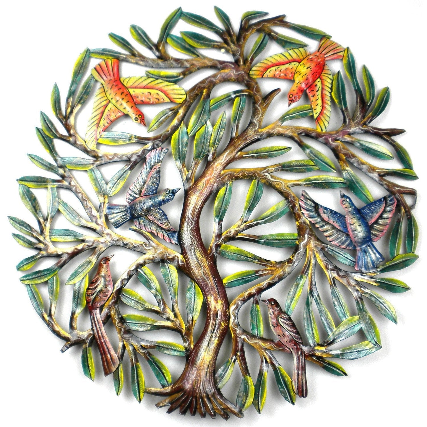 Painted metal tree wall art with birds made from recycled steel