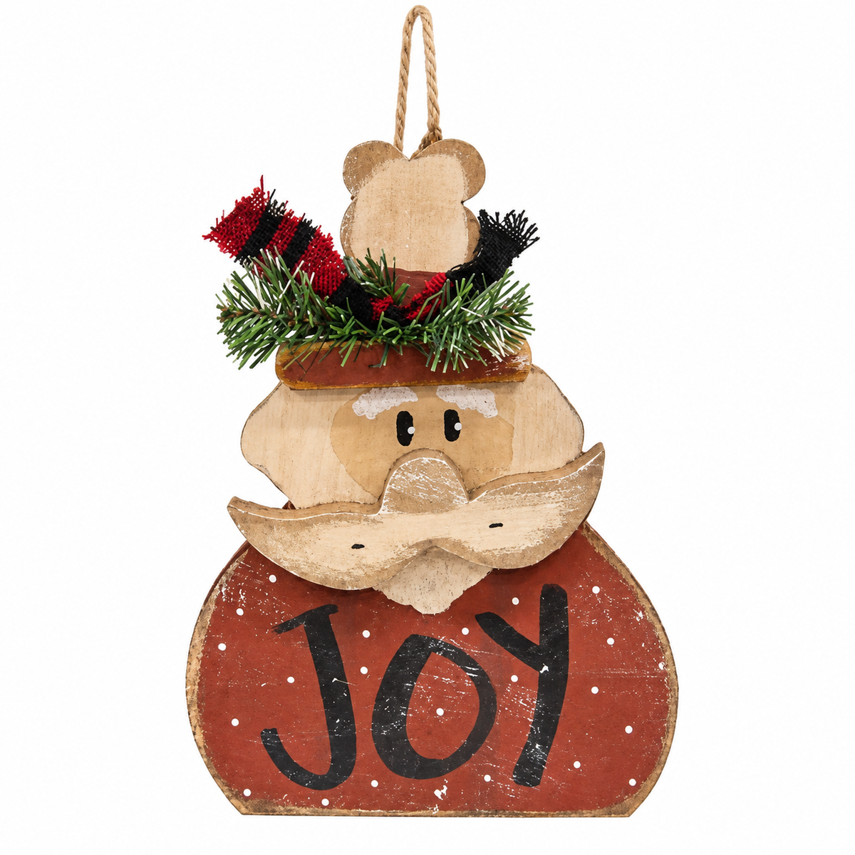 A rustic wooden Santa Claus snowman holiday hanging ornament with a red body, black hand-painted 'Joy' text, green pine garland, and red-and-black tinsel accents on a white background.