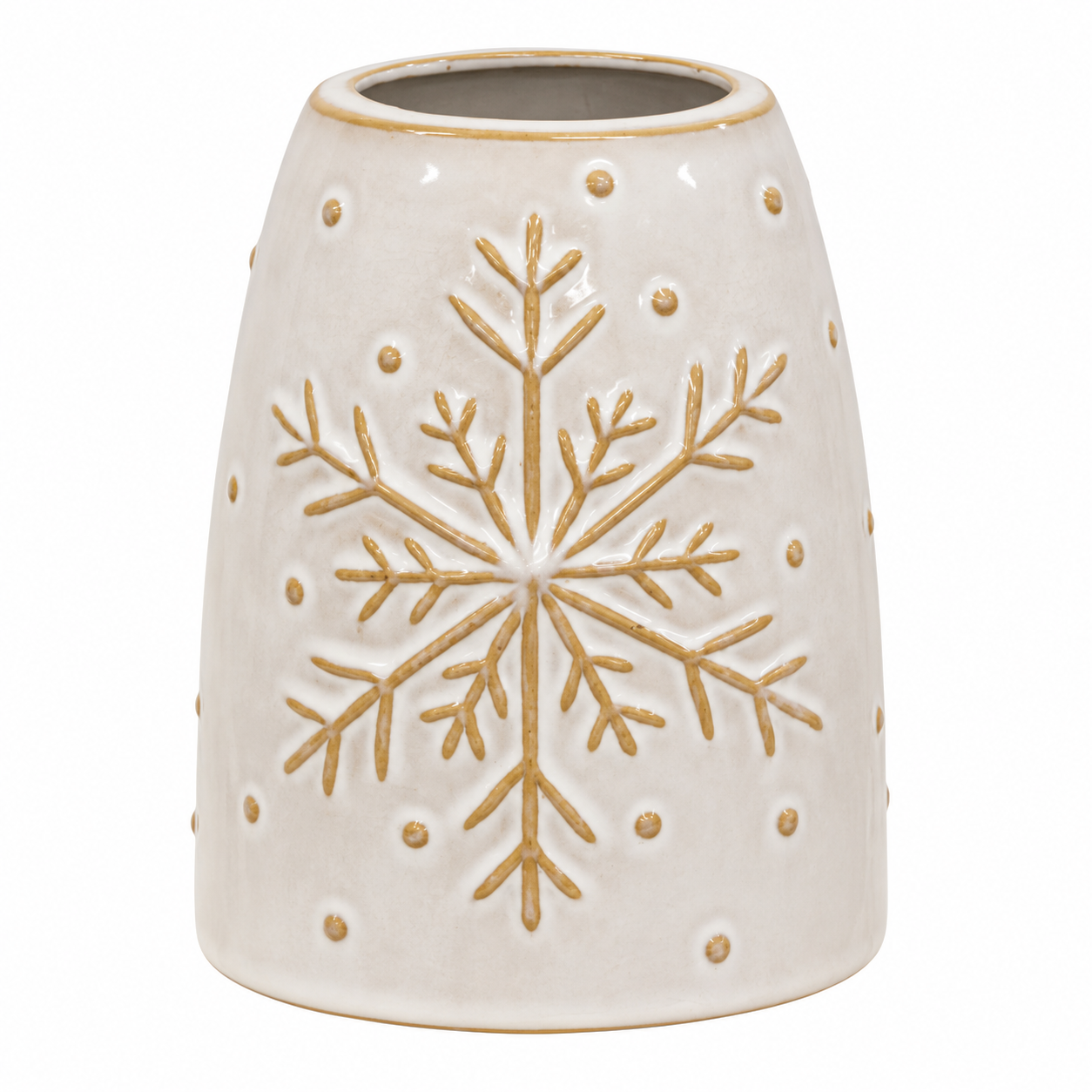 A cream-colored ceramic pot or planter with a raised gold snowflake design on the front and small gold dots around the surface, set against a plain white background.