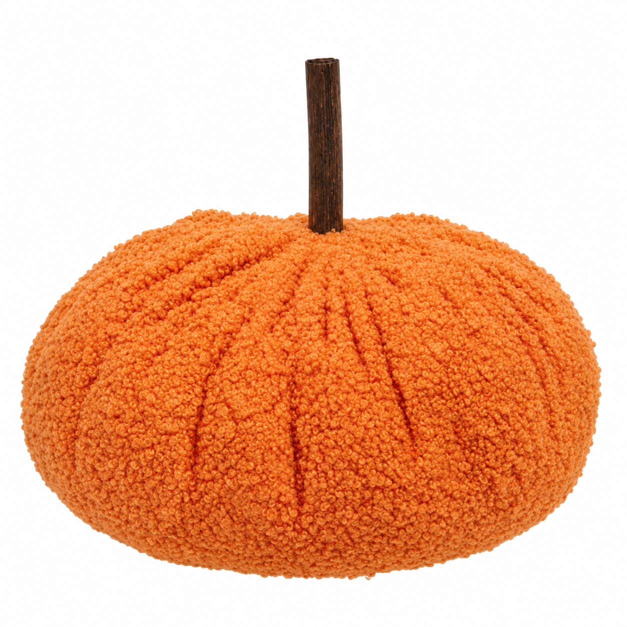 An orange textured faux-fur pumpkin decoration with a short dark brown stem, shown on a plain white background.