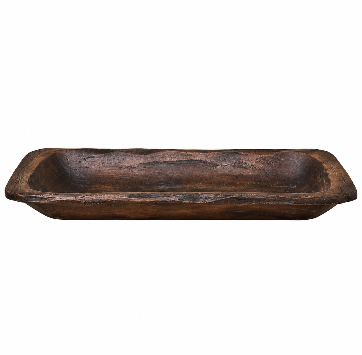 Decorative primitive treenware tray with side handles and walnut wood look finish displayed as a rustic centerpiece tray for farmhouse decorating