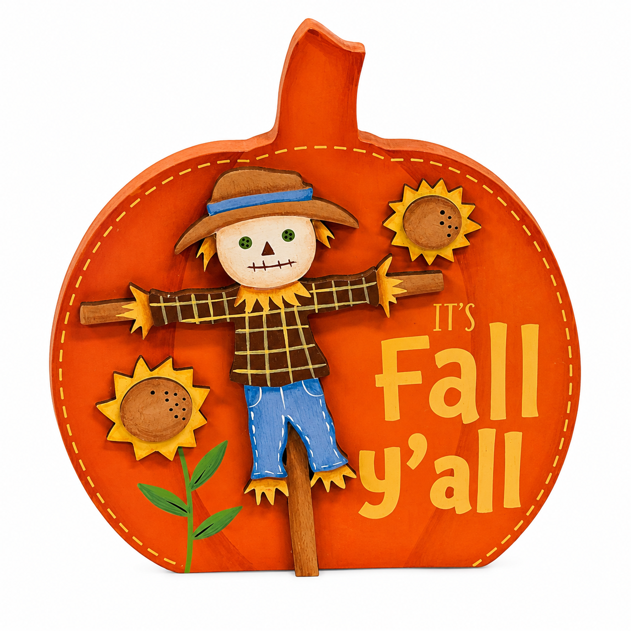 A decorative autumn wooden sign shaped like a pumpkin with a scarecrow, sunflowers, and the phrase “IT’S Fall y’all” in yellow lettering on an orange background.