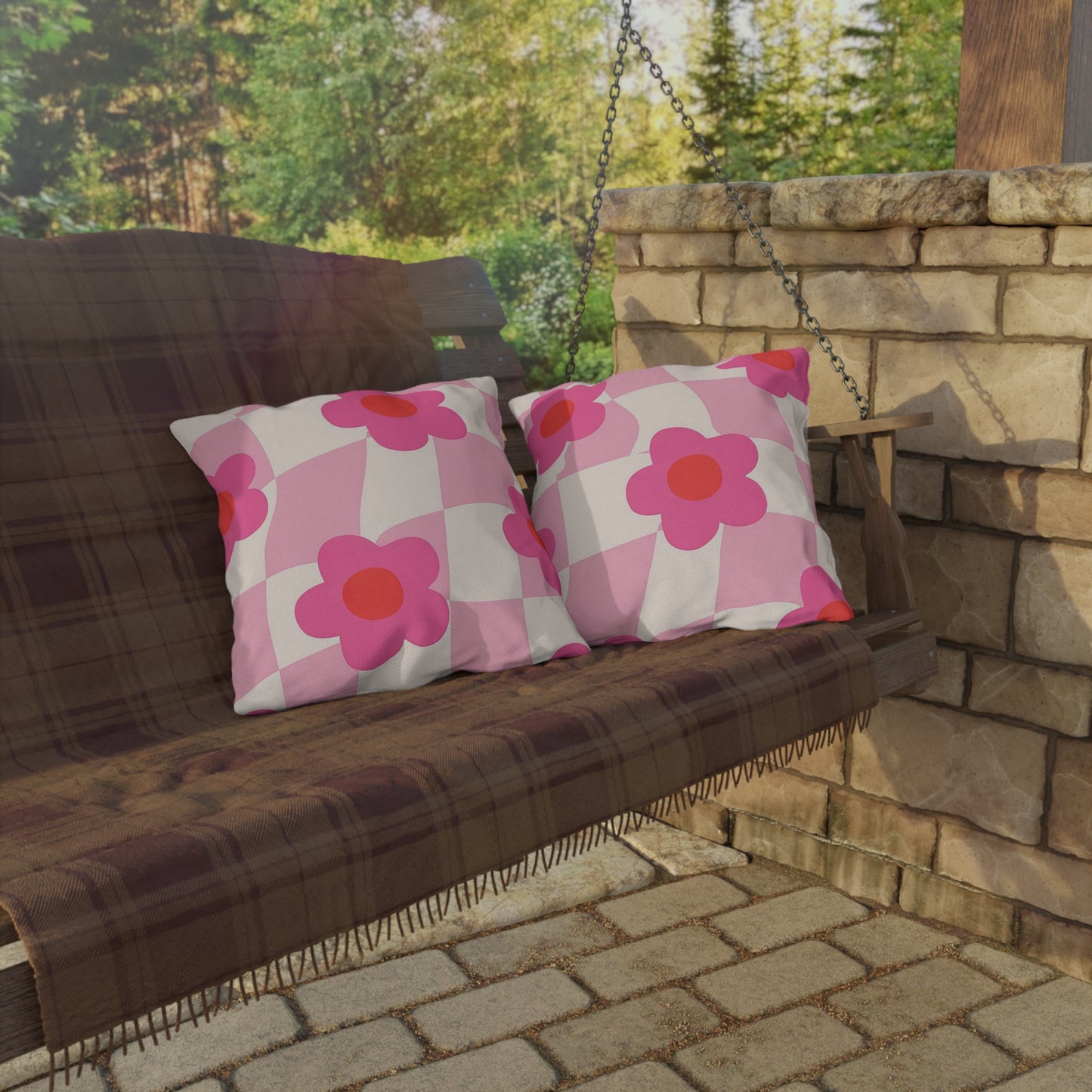 Square outdoor pillow available in 16x16, 18x18, and 20x20 sizes