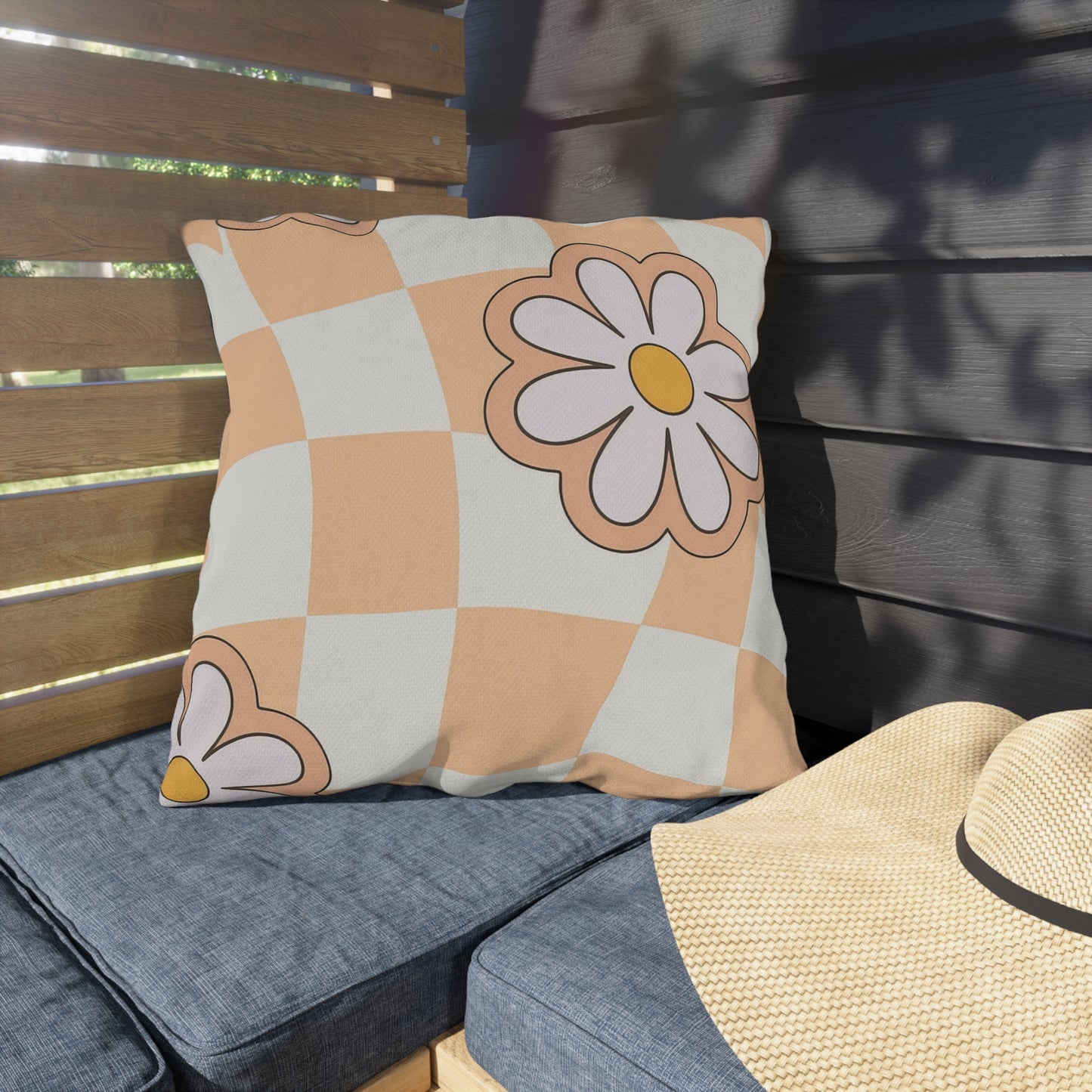 Close-up of floral cushion showing durable spun polyester and vibrant print
