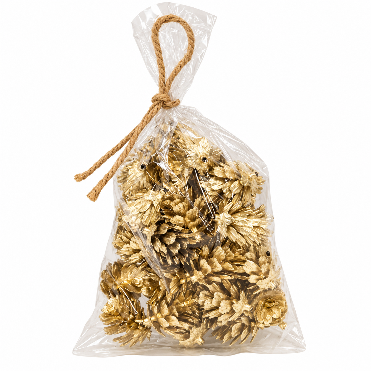 A clear plastic bag tied with a natural jute rope handle, filled with decorative dried pinecones in a metallic gold finish, set against a plain white background.