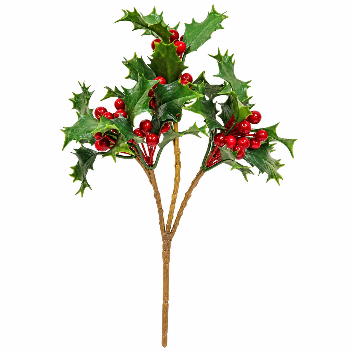 An artificial holly branch with green spiky leaves, clusters of bright red berries, and brown twigs, isolated on a white background.