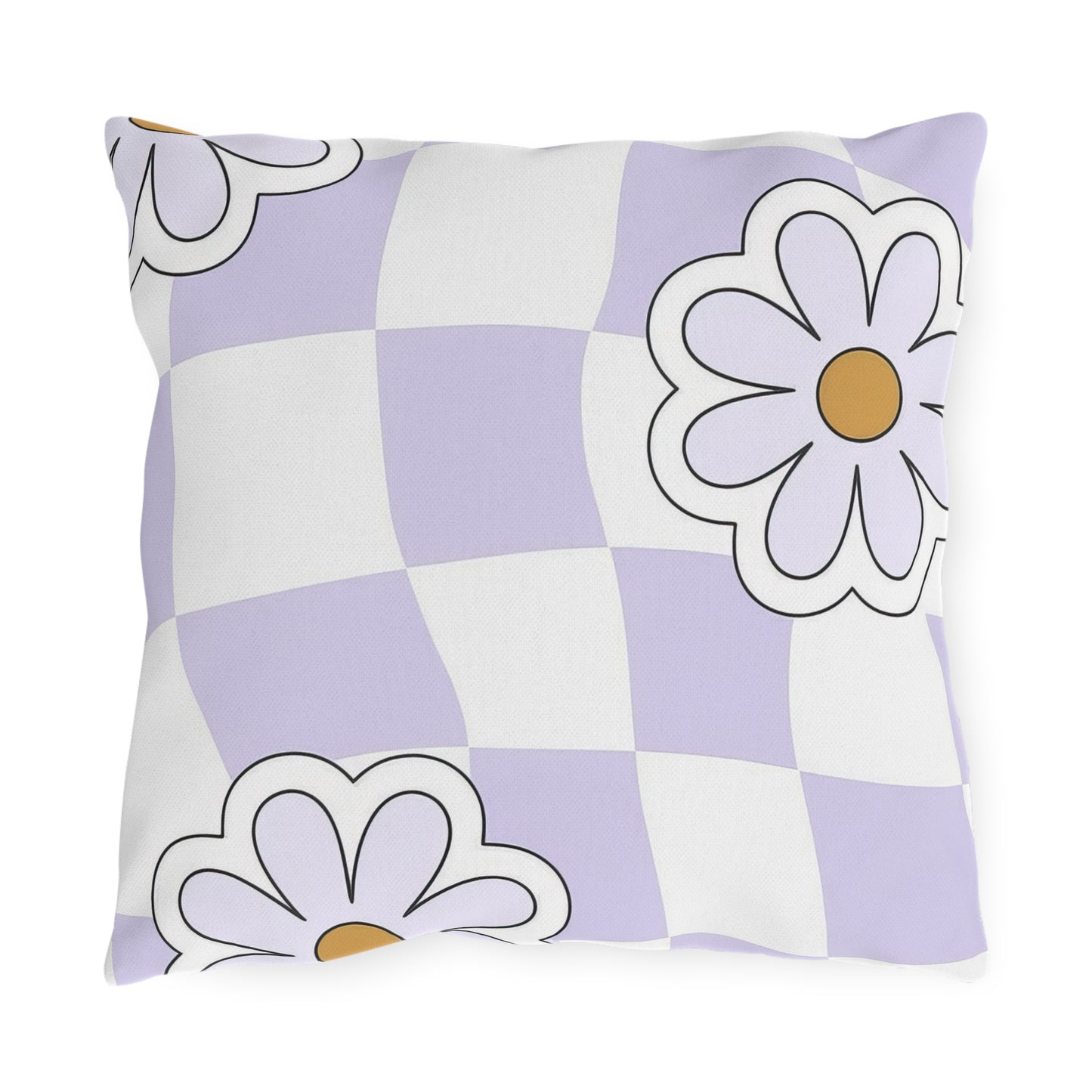 Lavender checkered floral outdoor pillow in purple, white, and orange on garden chair