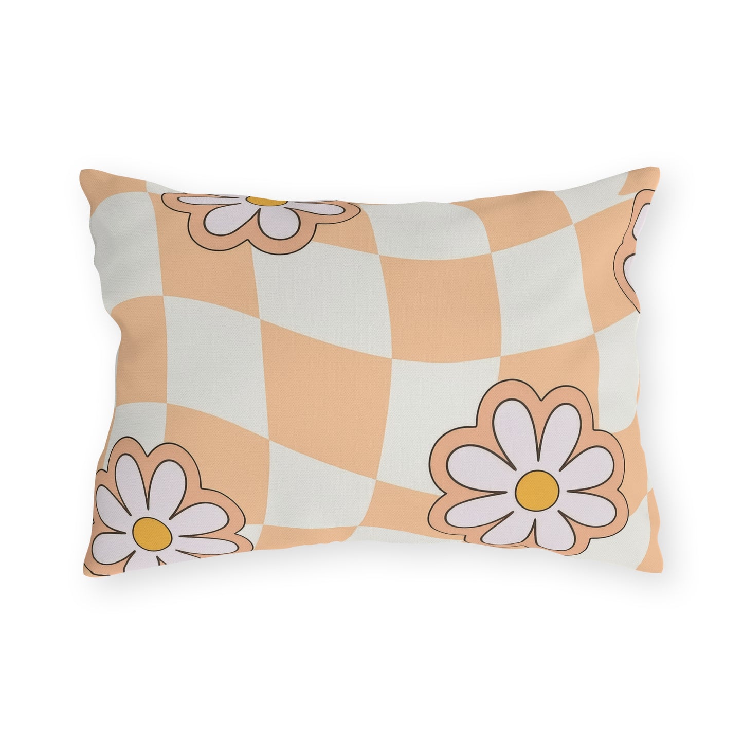Decorative outdoor pillow with daisy print styled on garden bench