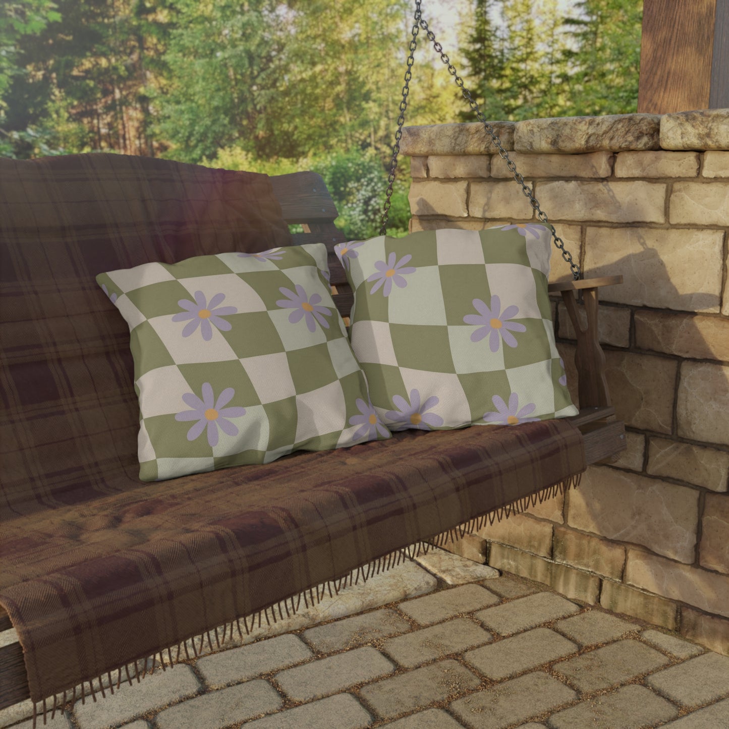 Blooming Green Checkered Pillow – Soft, Durable Accent for Patios and Gardens