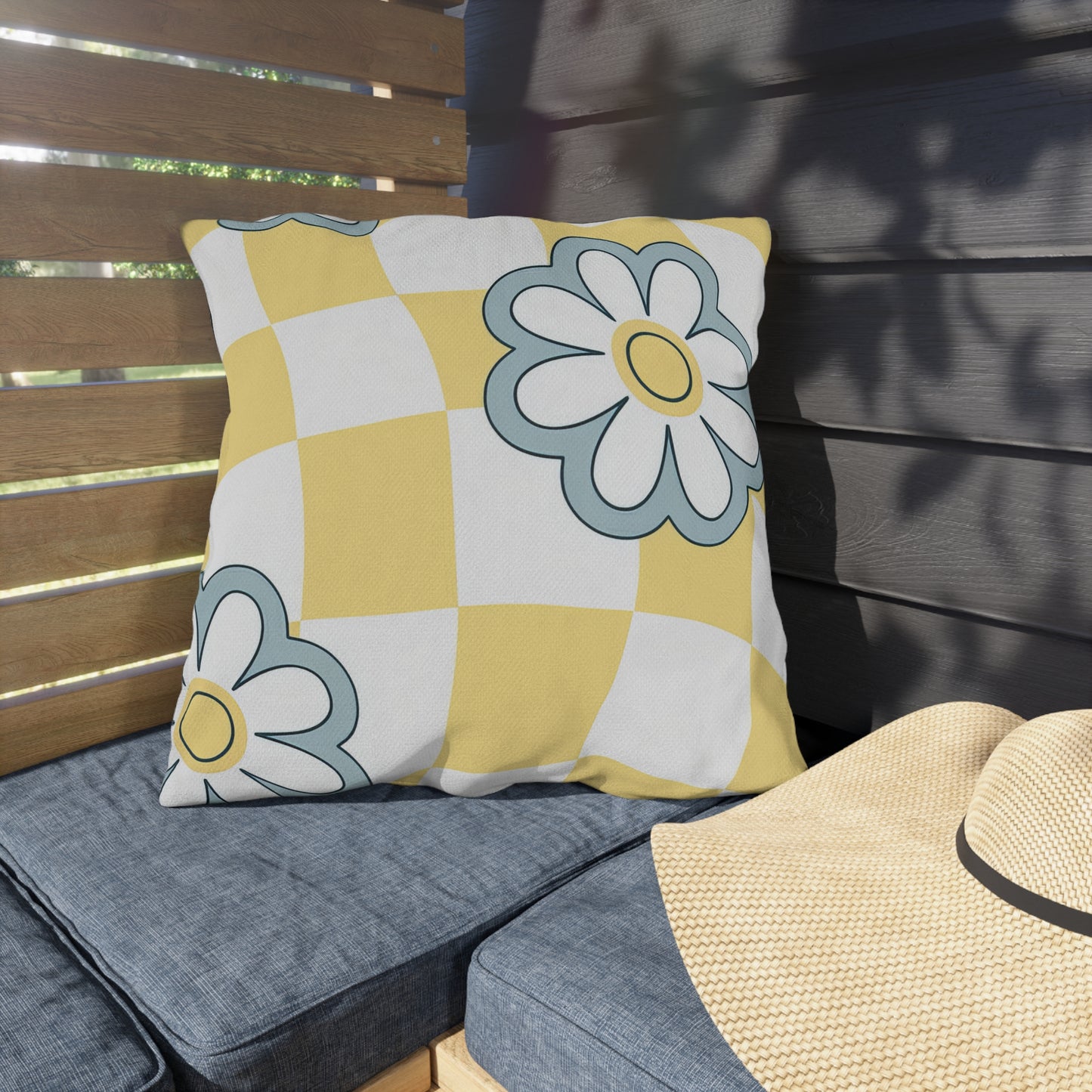 Decorative cushion with floral print and soft polyester fabric on porch seating