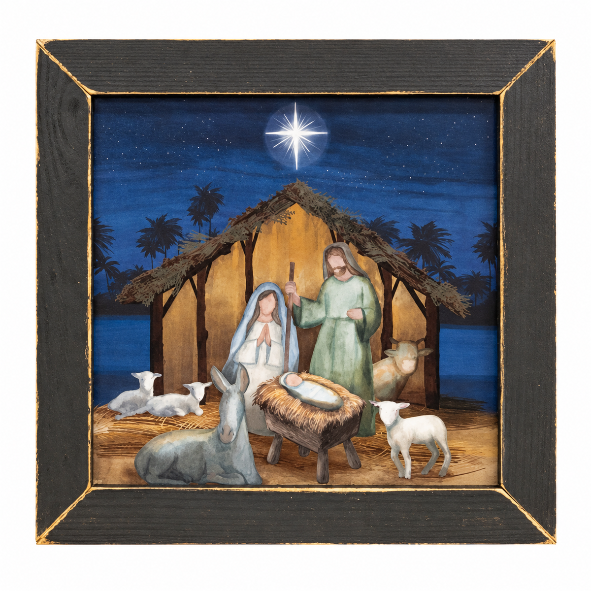 A square framed nativity scene painting featuring Mary, Joseph, baby Jesus in a manger, a donkey, and several sheep under a bright star at night, set in a dark wood frame with gold-toned edges.