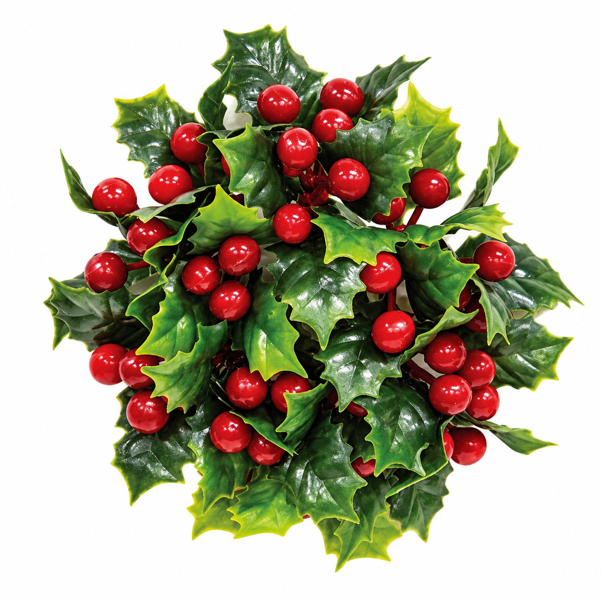 Artificial holly decoration with glossy green leaves and bright red berries, photographed on a plain white background.