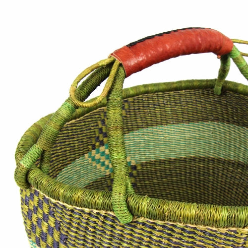 Collapsible woven Bolga basket featuring traditional Ghanaian craftsmanship