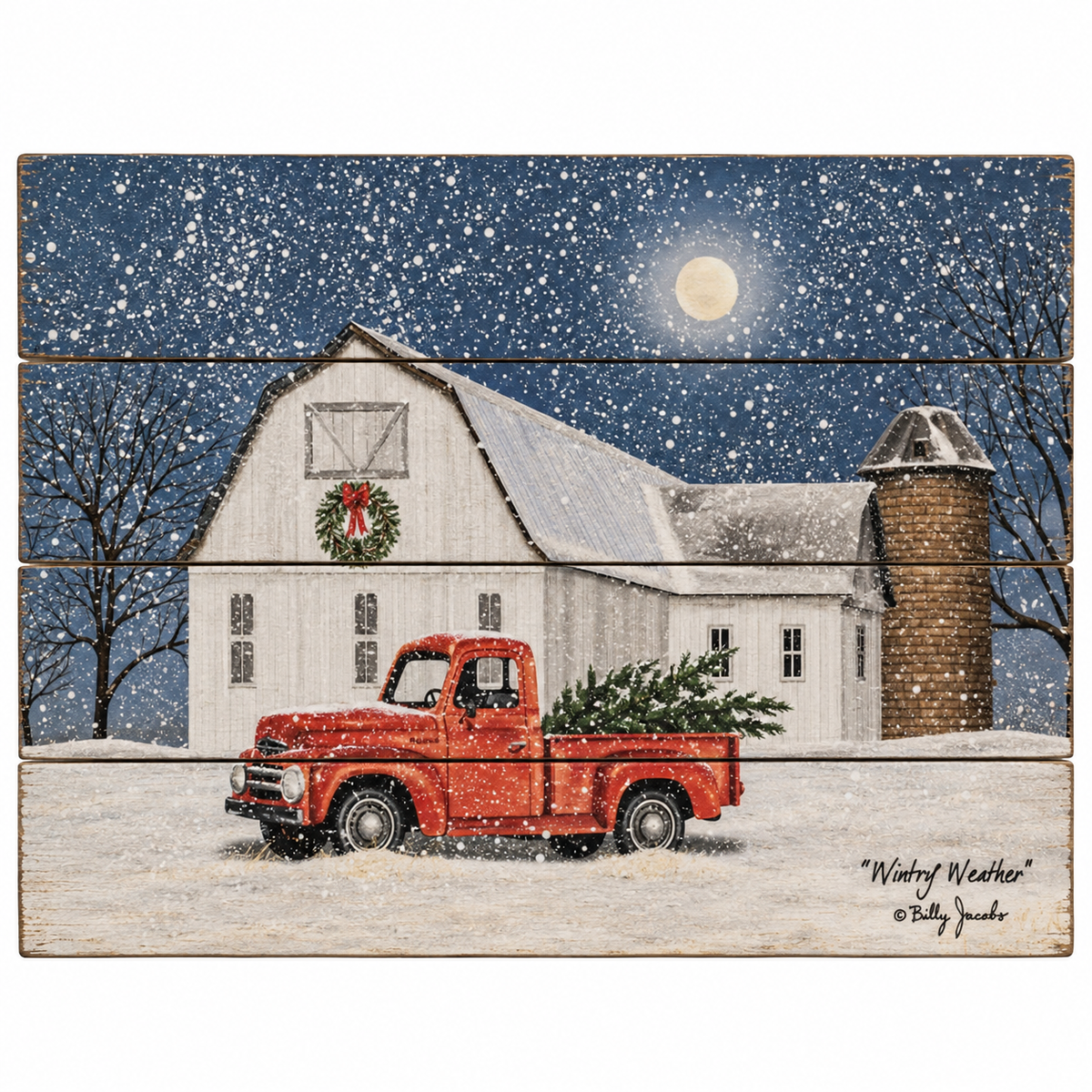 A rustic multi-panel wooden sign depicting a snowy winter night scene with a red pickup truck carrying a Christmas tree in front of a white barn with a wreath, under a full moon.