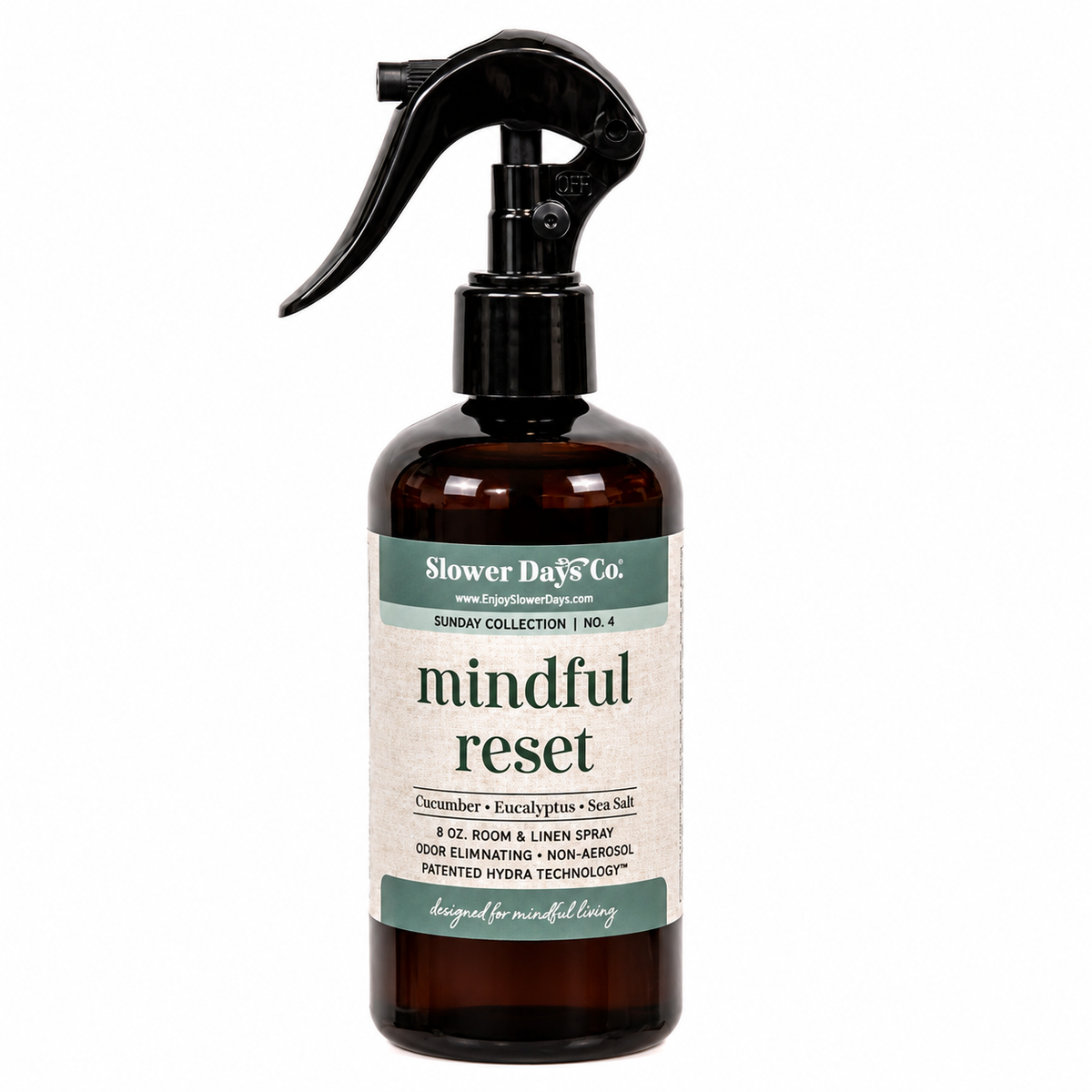 Mindful Reset Room & Linen Spray with cucumber, eucalyptus, and sea salt fragrance in a dark Slower Days Sunday collection bottle.