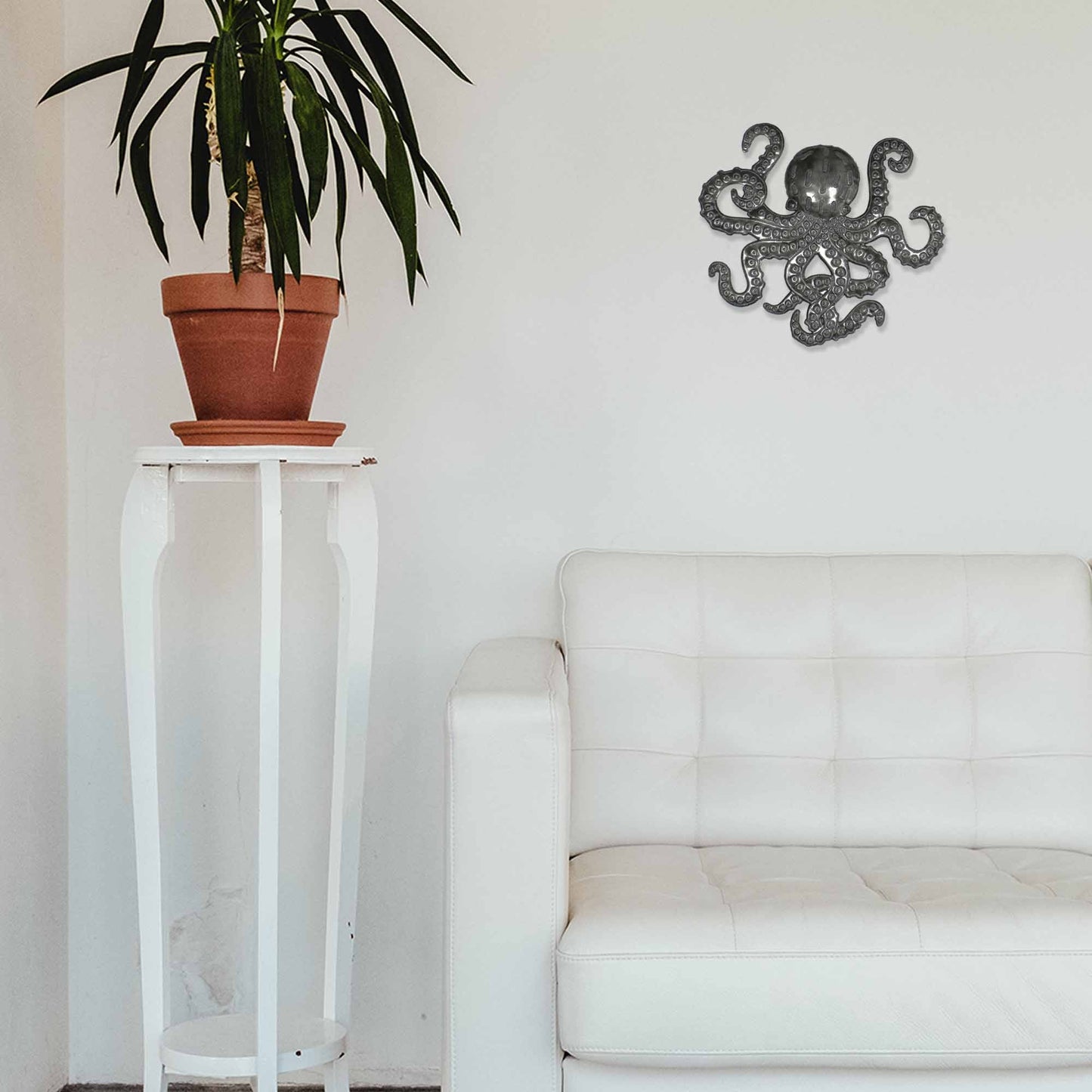 Hand-cut upcycled steel octopus sculpture with nautical theme