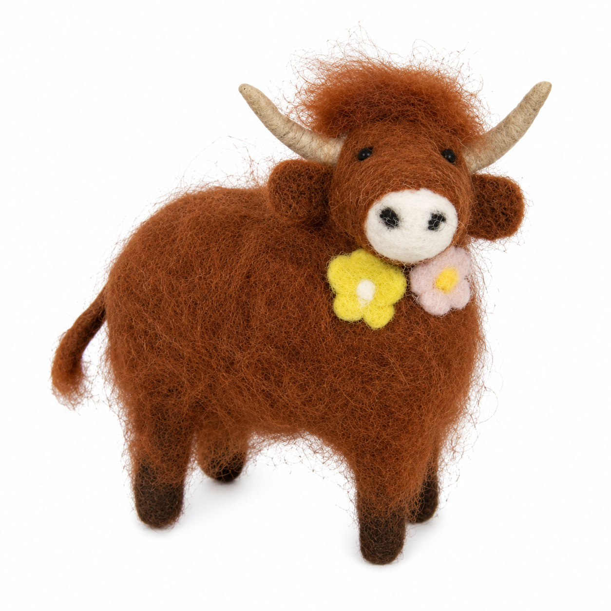 Handcrafted felt Highland cow figure with floral accents for rustic farmhouse and cottage home decor