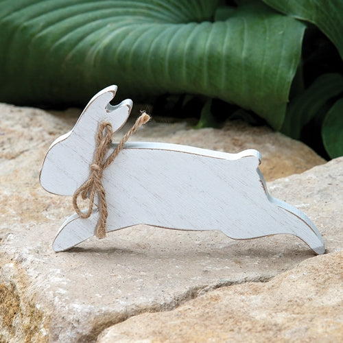 Rustic wooden bunny silhouette decor with distressed white paint and jute bow