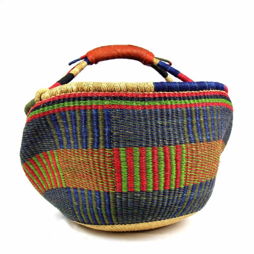 Vibrant fair trade Bolga basket made from banana leaf and elephant grass