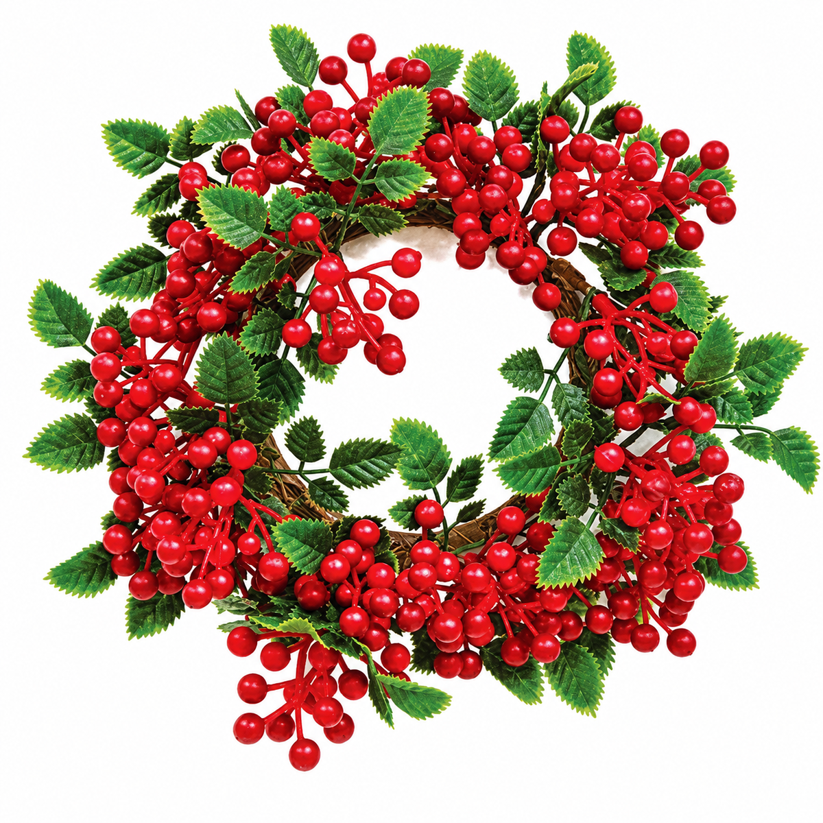An artificial Christmas wreath featuring glossy red berries and green leaves on a brown vine base, isolated on a white background.