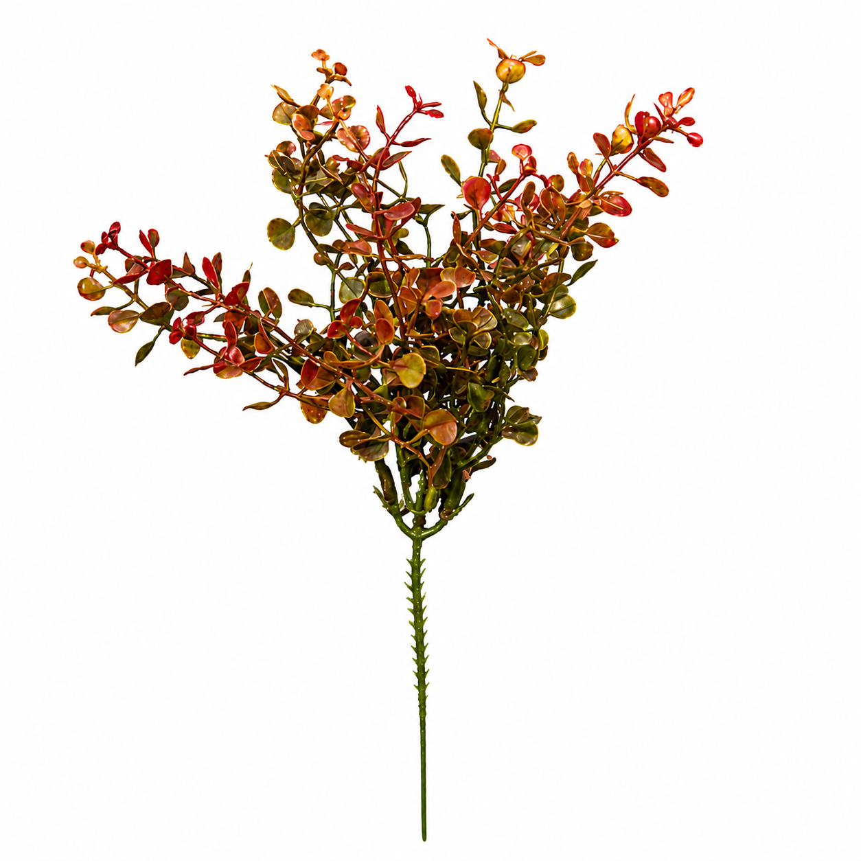 An artificial autumn foliage stem with small round leaves in shades of orange, red, yellow, and olive green, on a solid white background.