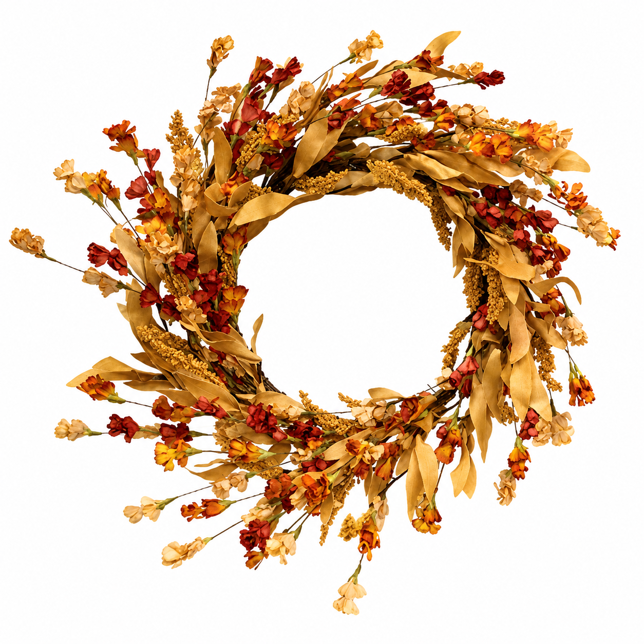 Fall wildflower and heather wreath with cream, yellow-orange and mauve flowers, light green foliage, tan leaves and berry accents.