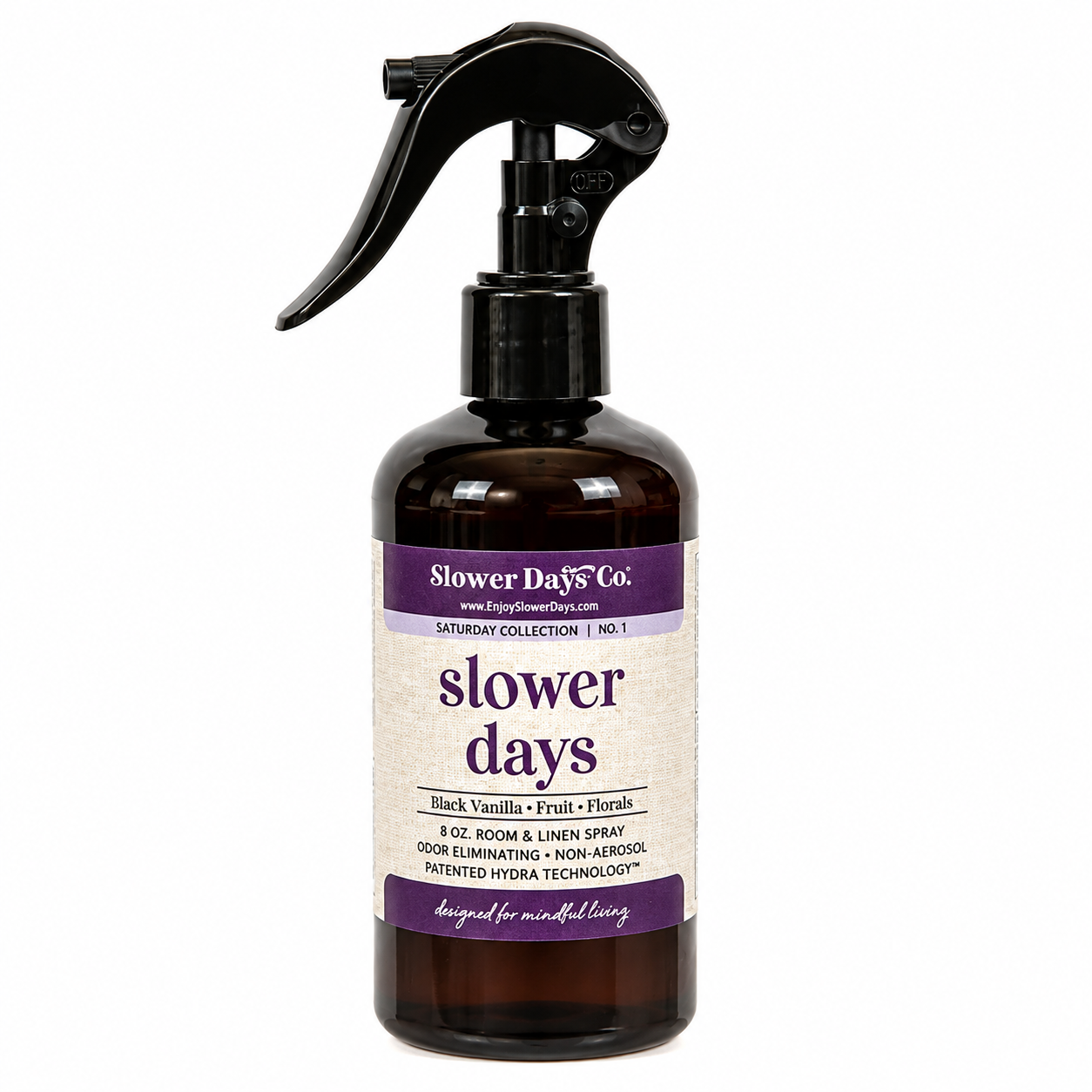 A 8 oz room and linen spray bottle by Slower Days Co. in Black Vanilla - Fruits flavor.