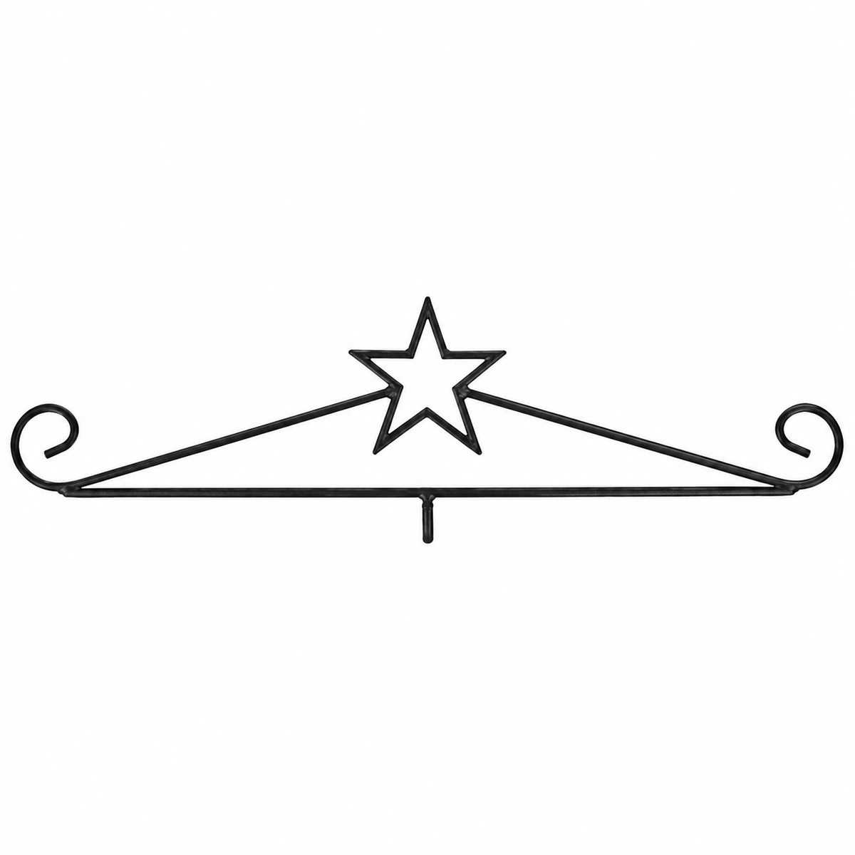 A black metal wall bracket featuring a star motif at the top center, with curved scrollwork on both sides and a horizontal support post below, shown on a plain white background.