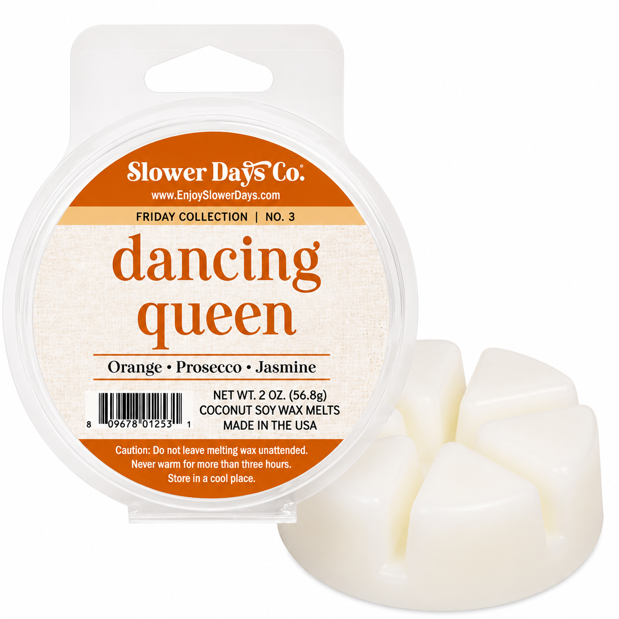 Slower Days Co. 'Dancing Queen' coconut soy wax melts in a round clear plastic tub with a white lid, shown next to two white wax melts on a white background.