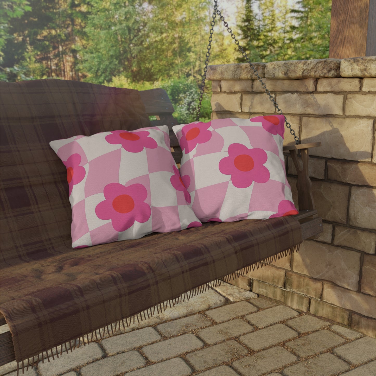 Vibrant floral accent pillow crafted for patio gatherings and picnics