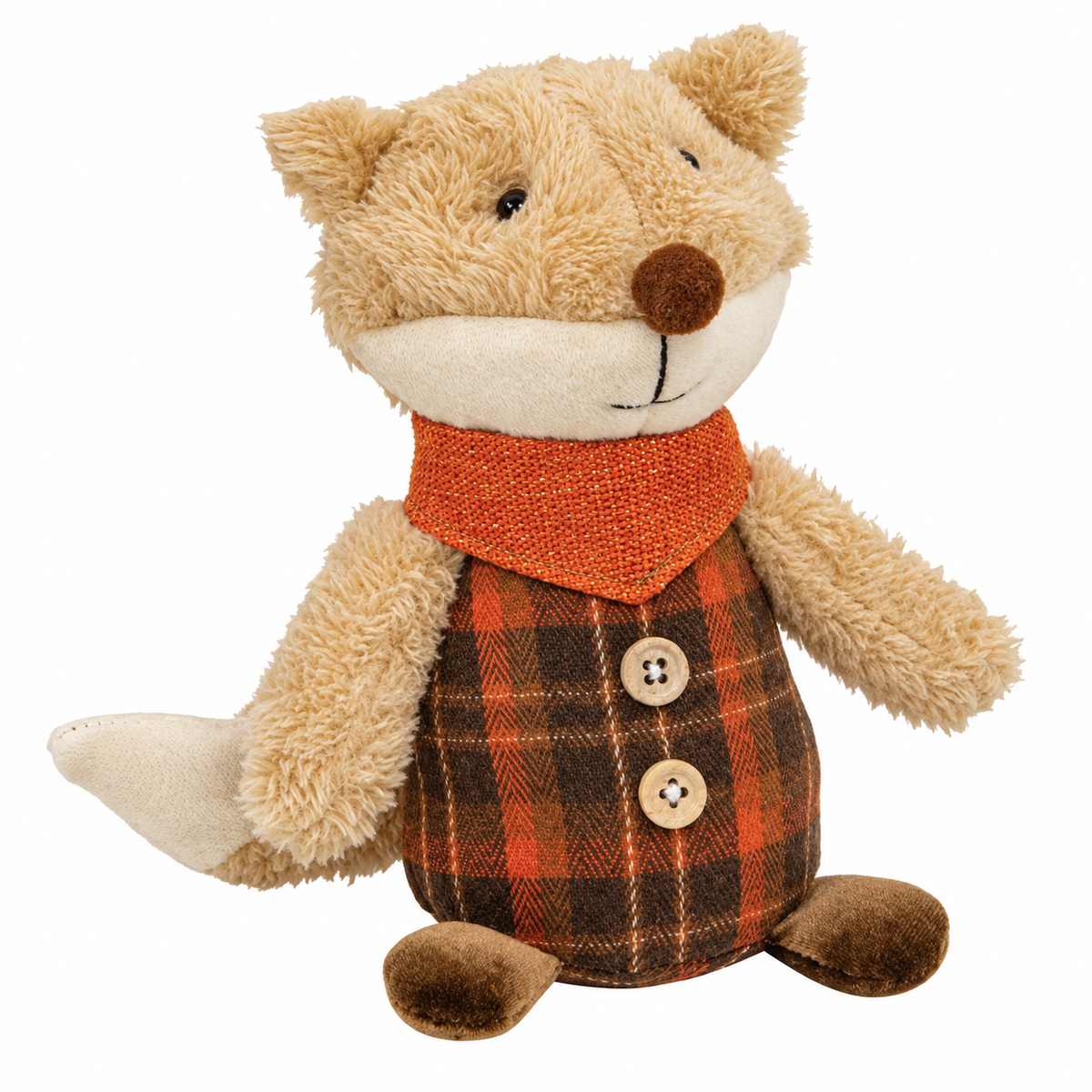 A plush toy fox wearing a red and brown plaid vest with wooden buttons and an orange knit bandana, set against a plain white background.