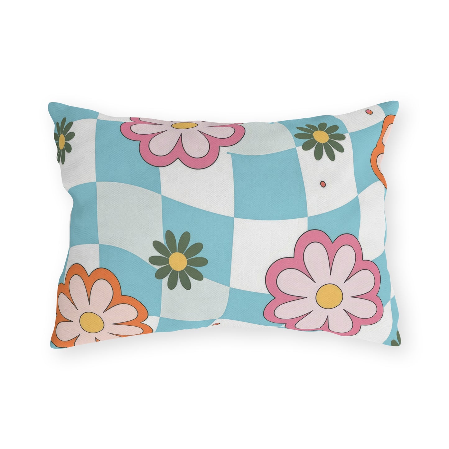 Retro-inspired outdoor cushion with multicolor flower print styled on a patio chair