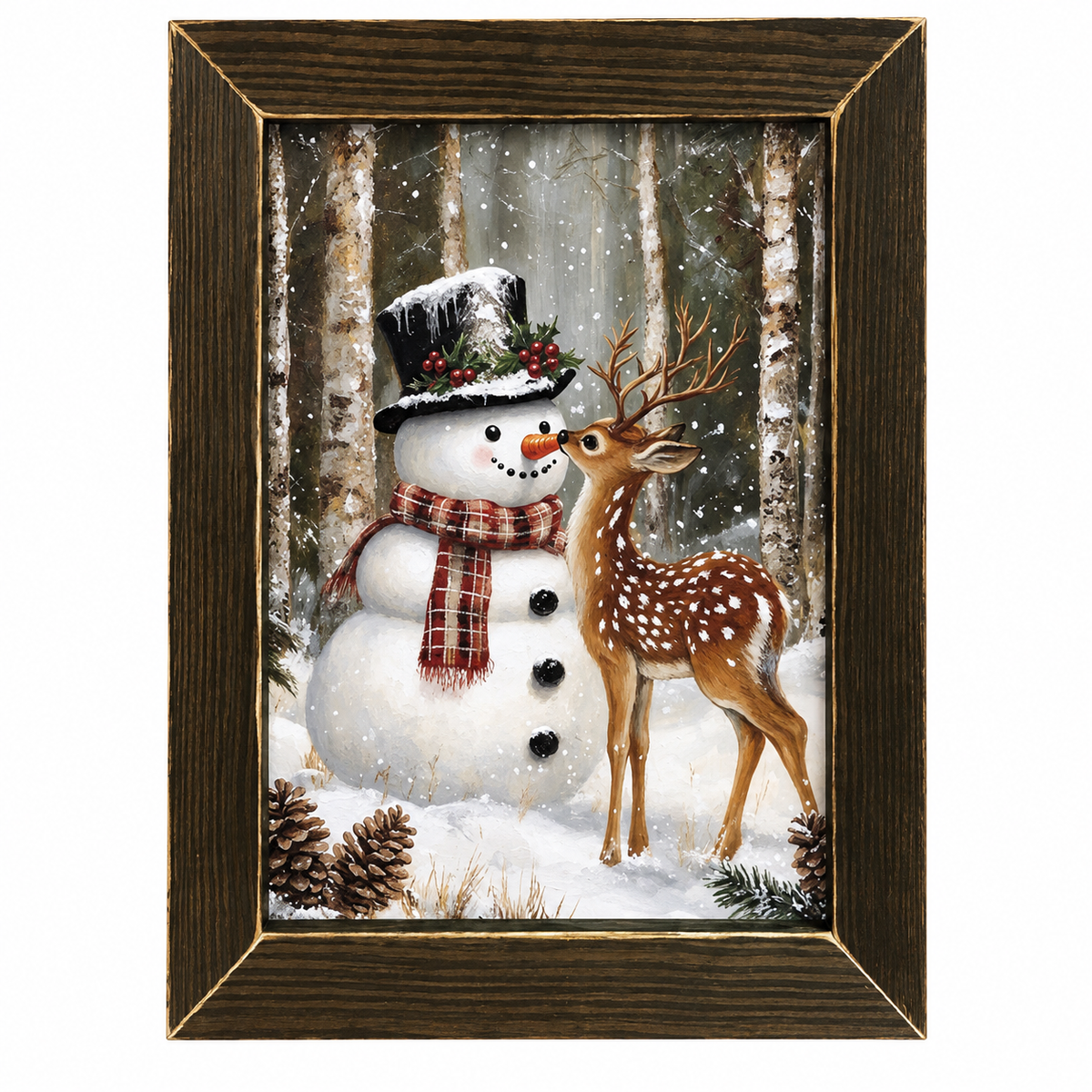 Framed winter art print featuring a snowman and a deer in a snowy forest, shown in a dark brown wood frame with gold-toned inner trim on a white background.
