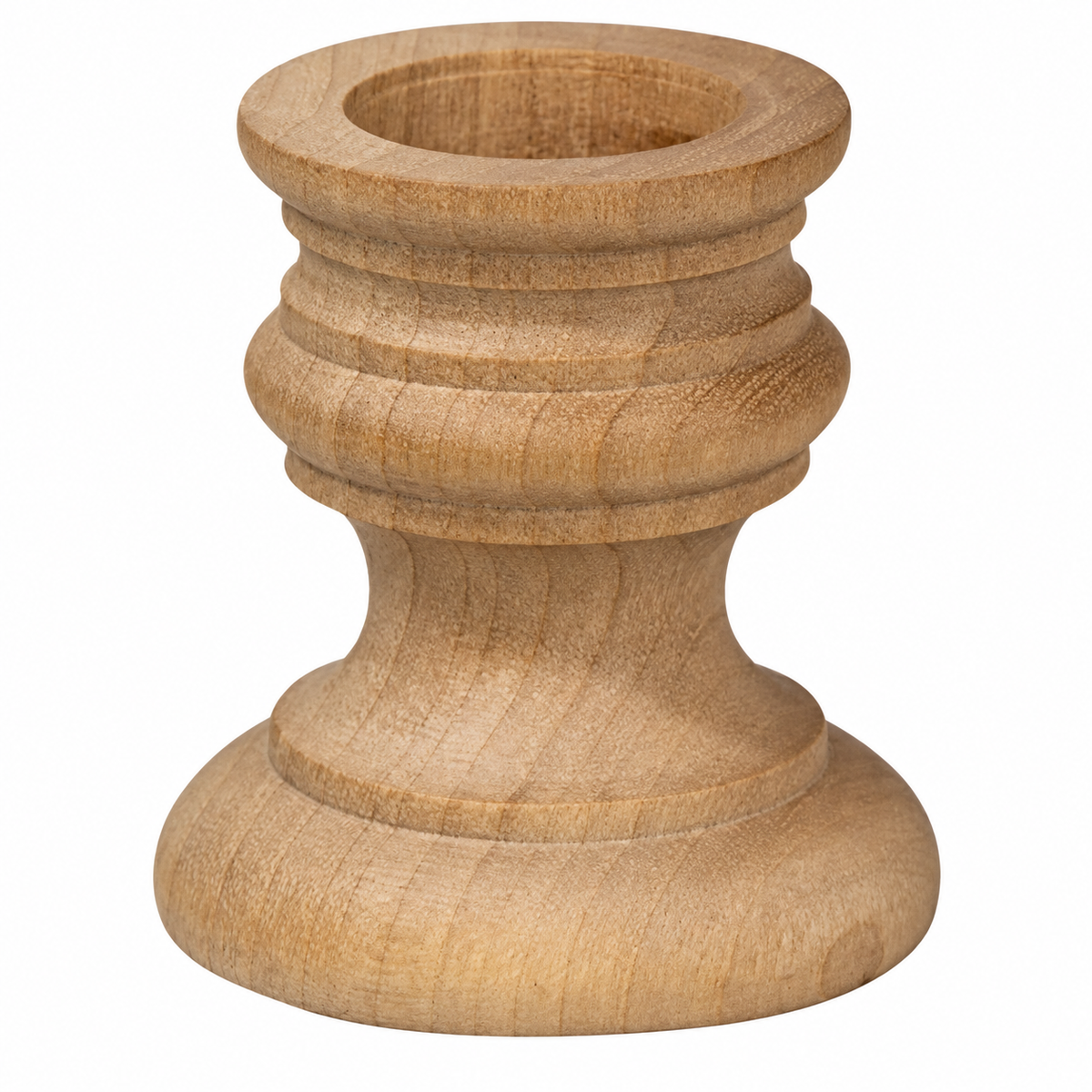 A small wooden candle holder with a natural light brown finish, featuring a flared top and a ribbed cylindrical base, shown on a solid white background.