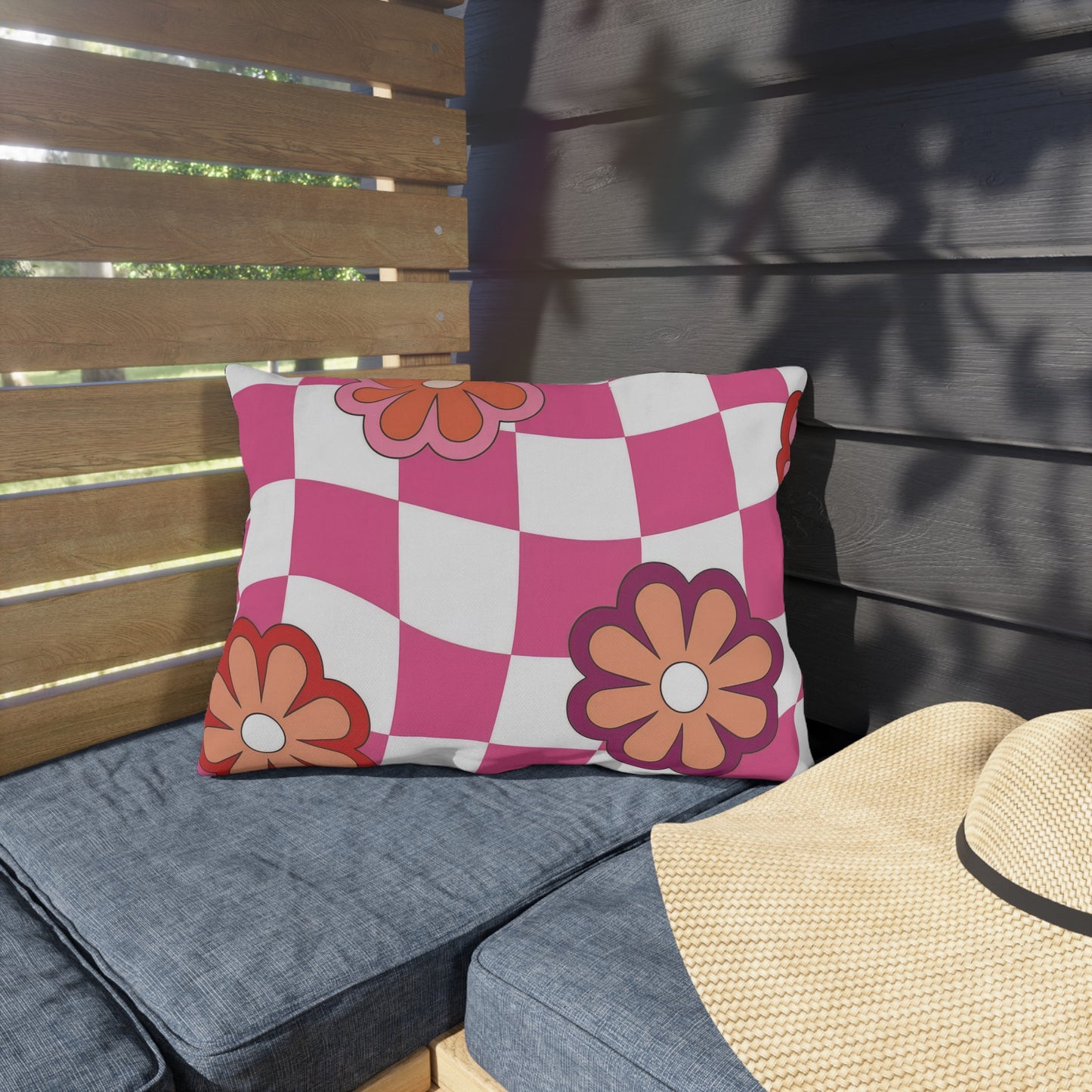 Durable spun polyester pillow with vibrant retro floral design for outdoor seating