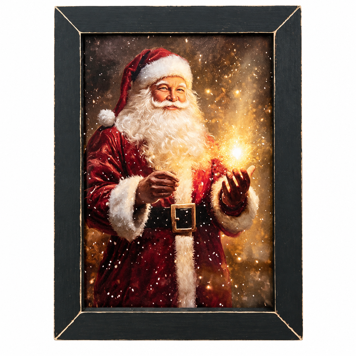 Framed wall art featuring a festive portrait of Santa Claus in a red suit with white fur trim, holding a glowing light against a snowy, starry background. The artwork is enclosed in a black frame with subtle gold-toned edge detailing.