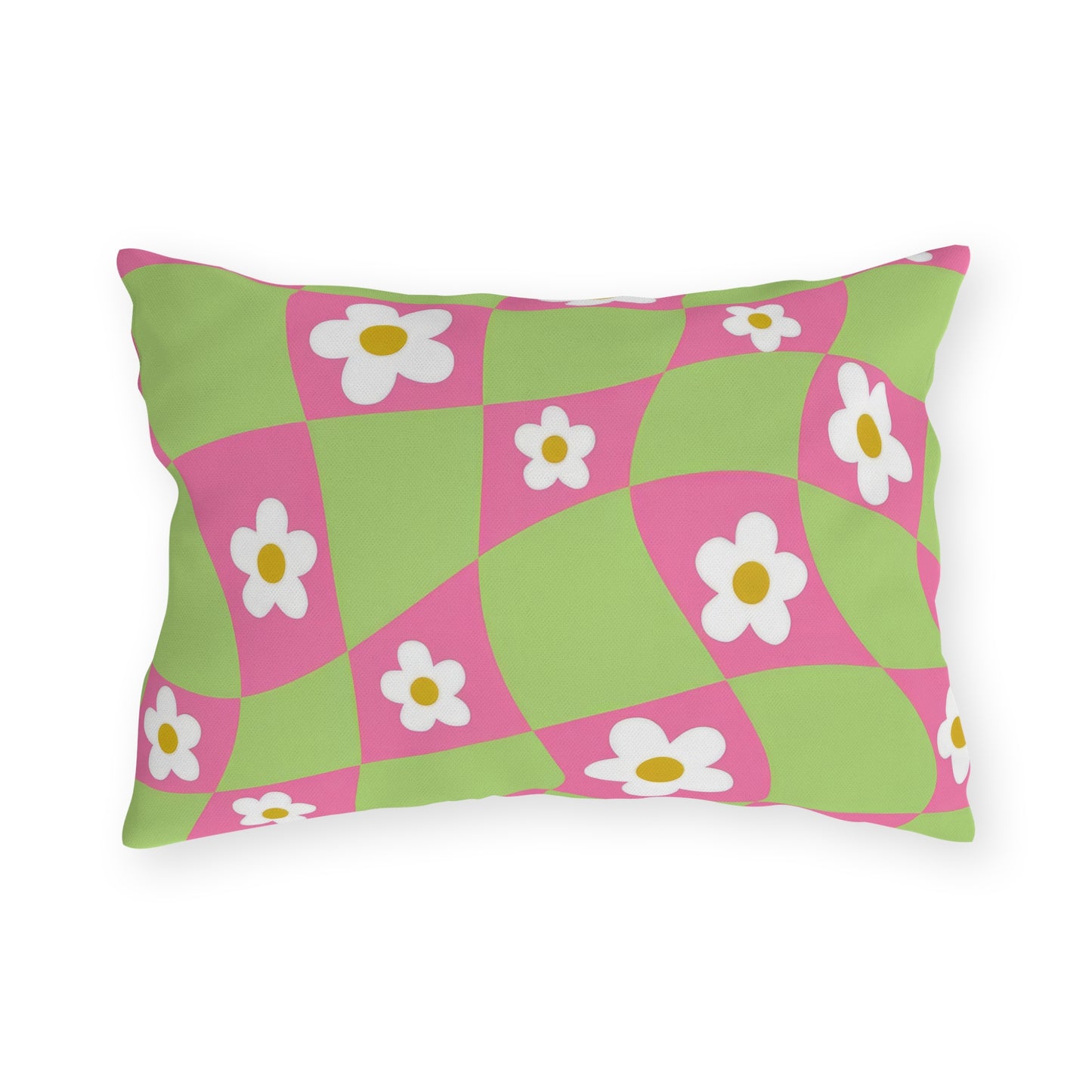 Close-up of colorful garden-themed cushion with UV-resistant polyester cover