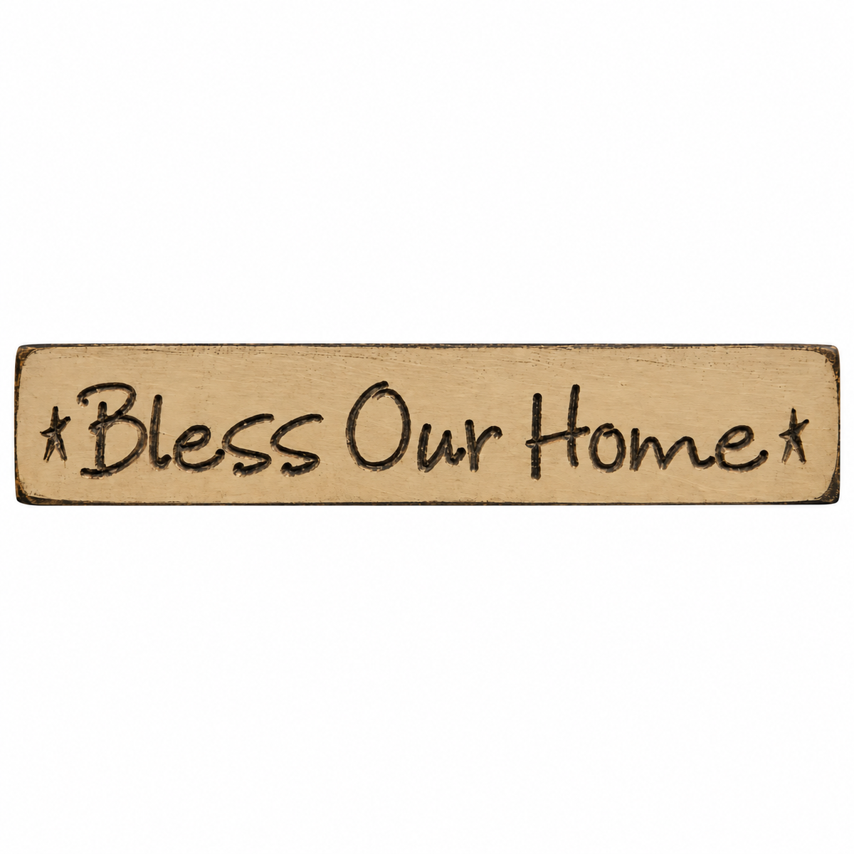 A rectangular wooden sign with the phrase '*Bless Our Home*' in dark lettering, shown on a plain white background.