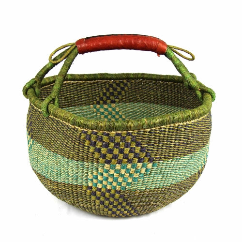 Eco-friendly Bolga shopping tote in assorted bright and earthy tones