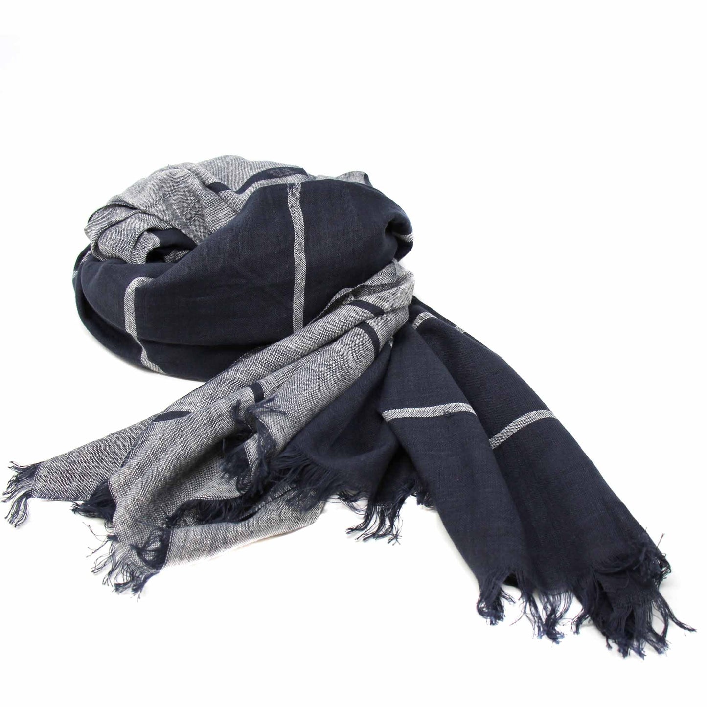 Hand-printed black and gray cotton scarf with fringe, displayed on a neutral background