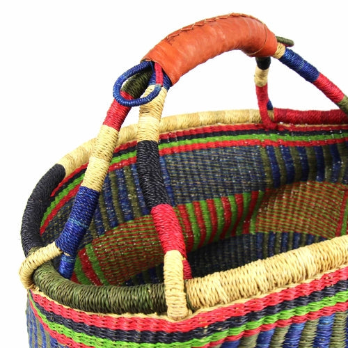 Artisan-crafted African basket with sturdy leather-wrapped handle and bold woven design