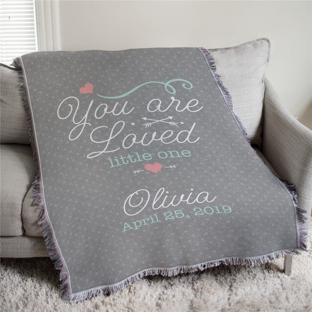 Woven baby girl afghan throw with pink and floral accents, personalized with name and birth date