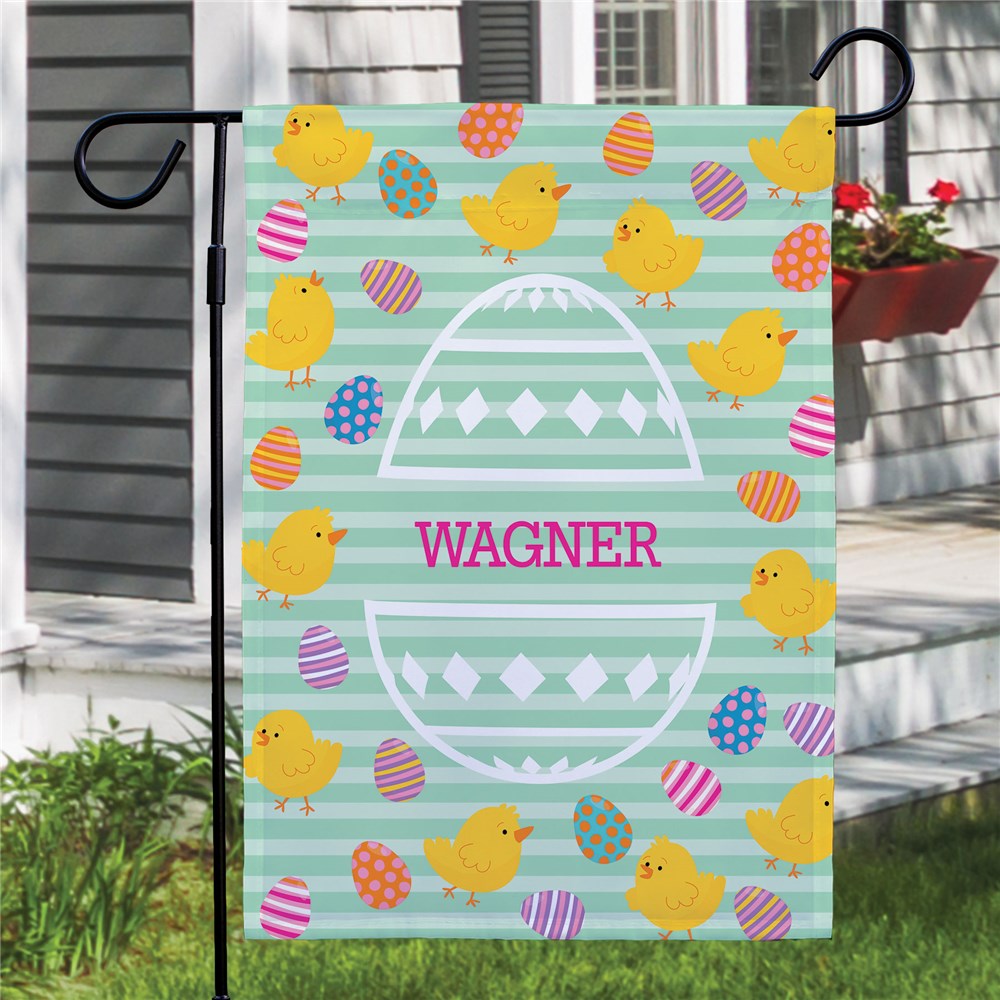 Bright and colorful Easter garden flag with a pastel diamond pattern, customizable text, and a 2” pocket for hanging, perfect for springtime outdoor decor.