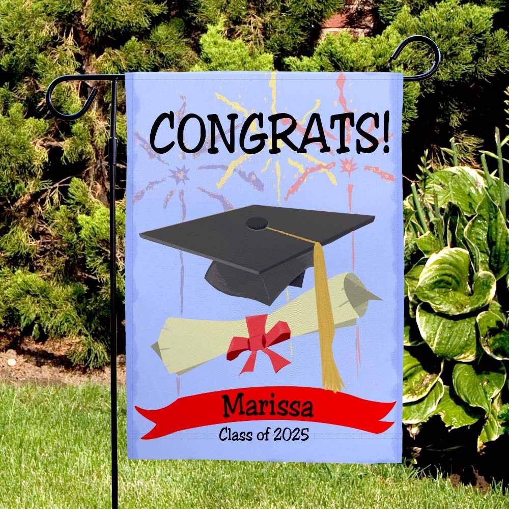 Graduation garden flag with personalized name and year printed on durable polyester fabric for outdoor display