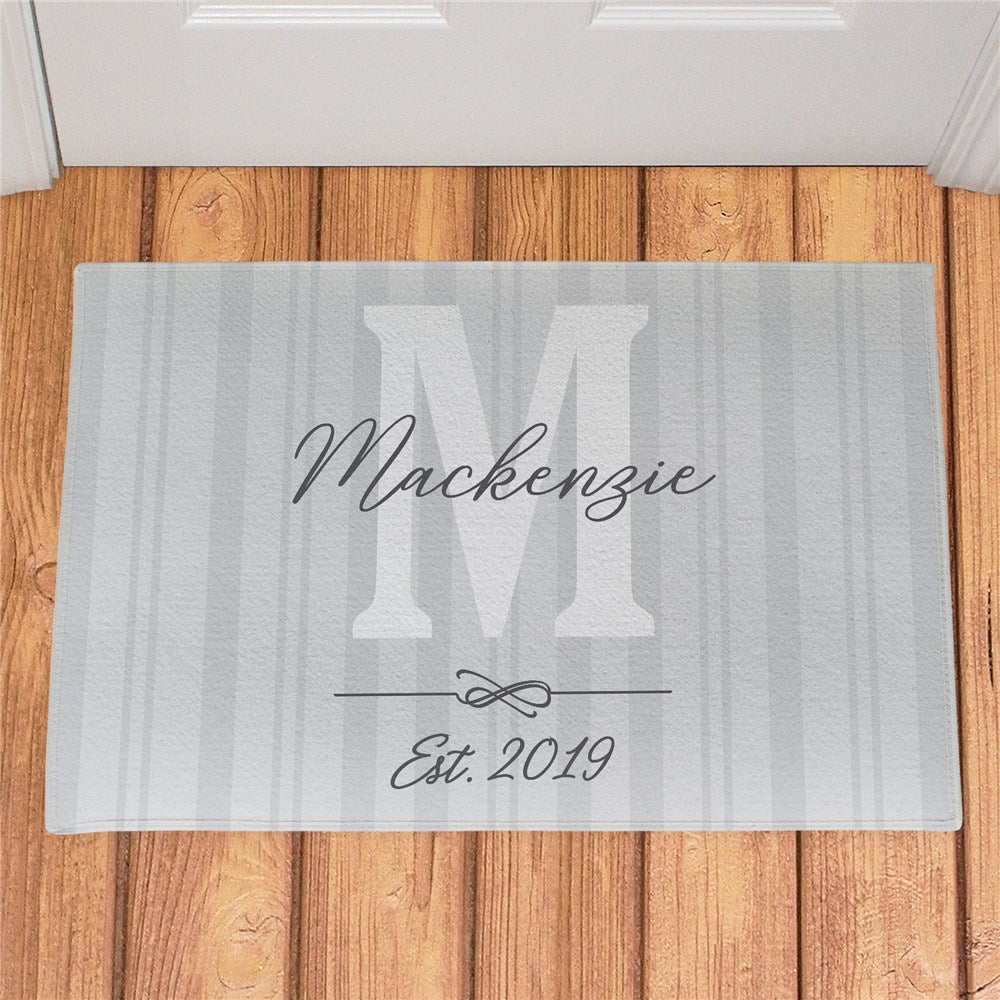 Personalized family initial doormat with name and message in bold script on fleece surface