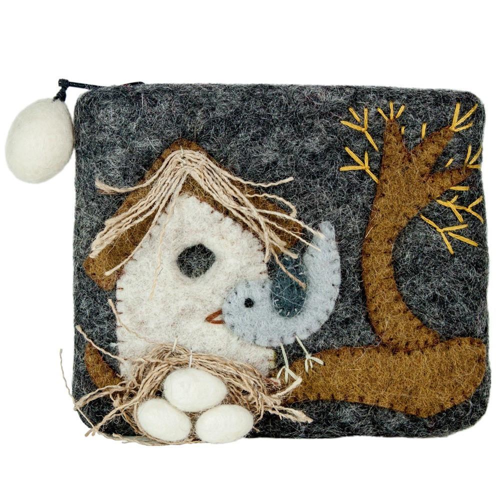 Hand-felted wool coin purse with nesting bird design and colorful applique details