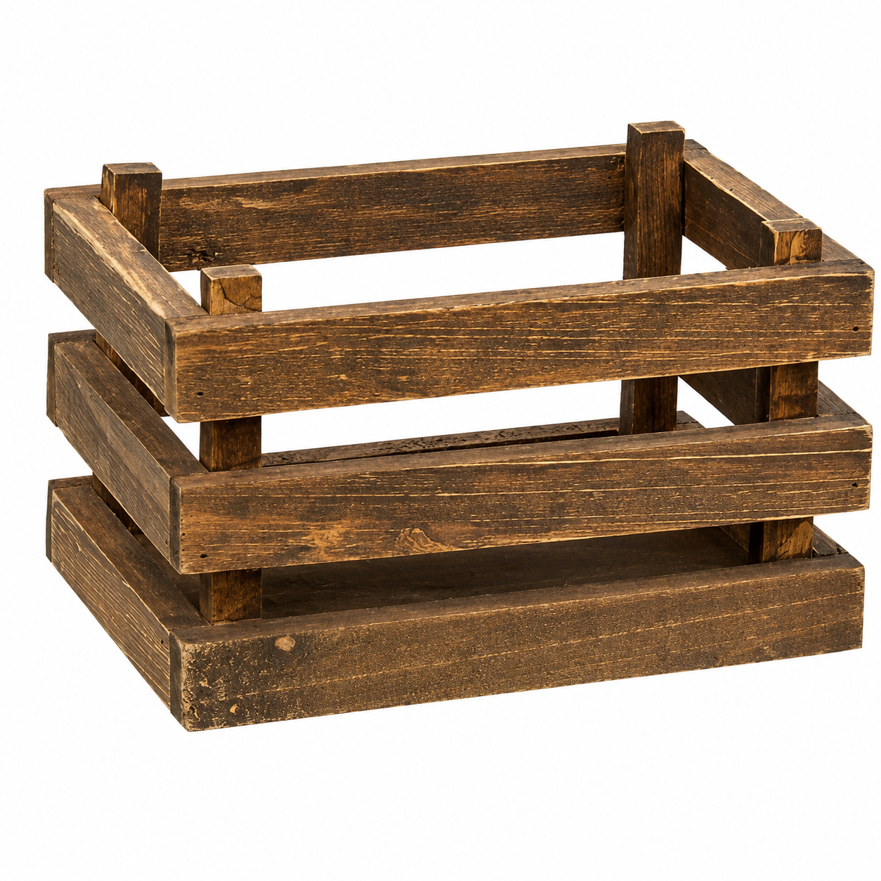 A rustic wooden crate organizer with a dark brown finish, featuring three tiers of slatted wood panels, shown on a plain white background.