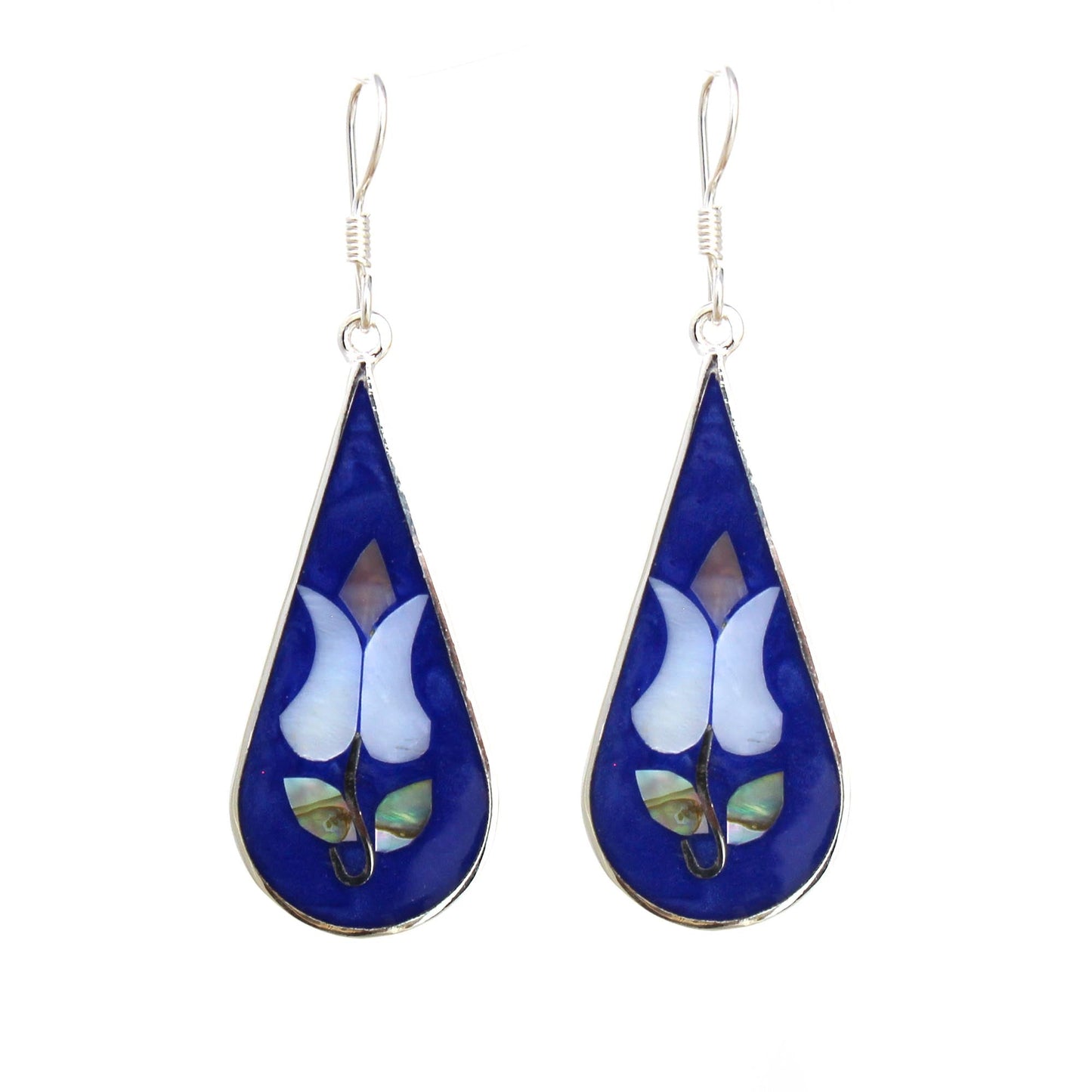 Handmade abalone teardrop earrings in alpaca silver with tulip-shaped design