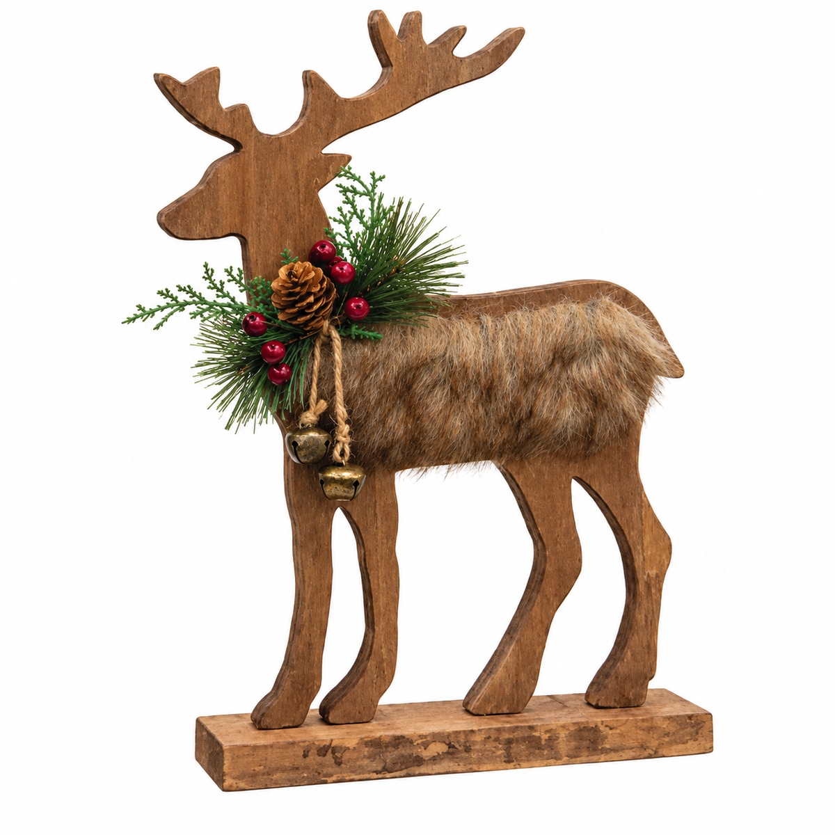 A rustic wooden reindeer figurine with faux fur on its body, decorated with green pine branches, red berries, a pinecone, and small gold bells, standing on a rectangular wooden base against a white background.