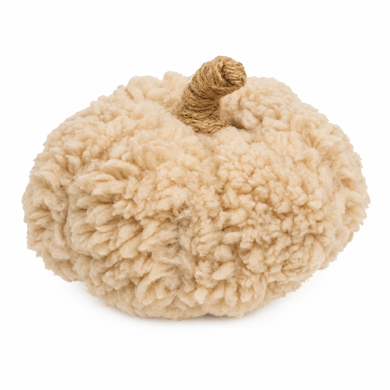A plush decorative pumpkin with a textured, curly sherpa-like body in a warm beige color and a twisted jute stem, isolated on a white background.